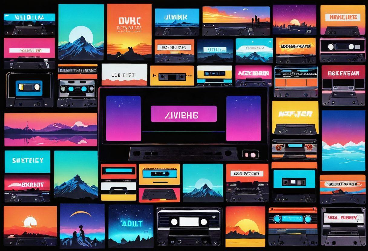A visually striking collage illustrating the evolution of adult films, featuring an old retro VHS tape on one side, gradually transforming into a sleek modern streaming interface on the other. In the background, a stylized digital landscape symbolizes the internet, with vibrant neon lights and streaming icons. The image should evoke a sense of nostalgia while highlighting technological advancement. hyper-realistic. vibrant colors. dynamic composition.