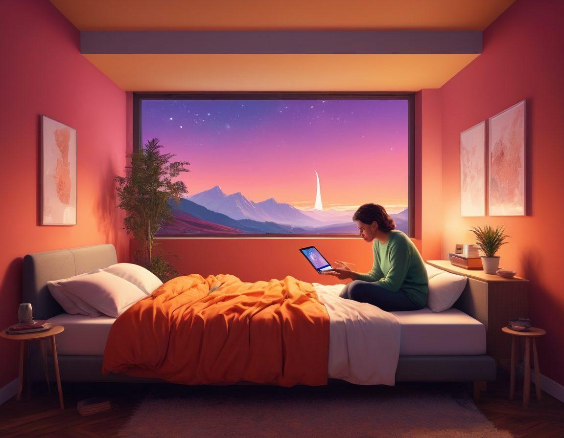 A split-screen illustration showcasing a cozy bedroom on one side with a couple engaged in intimate conversation over a tablet, surrounded by soft lighting. On the other side, a digital landscape filled with icons representing adult content, technology, and connection. The background should be a harmonious blend of warm and cool colors to symbolize the contrast between personal connection and digital interaction. The overall mood should evoke both warmth and modernity. vibrant colors. digital art.